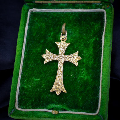 Antique Edwardian 9ct Gold Engraved Cross Pendant | Chester 1904