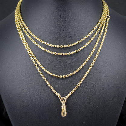Antique 10ct Gold Faceted Oval Link Long Guard Chain Necklace | 59" Length with Dog Clip