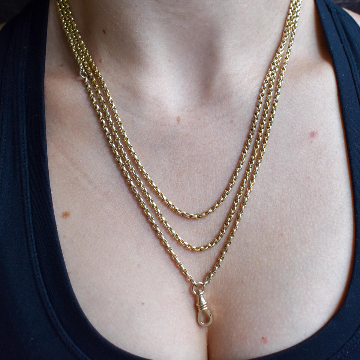Antique 10ct Gold Faceted Oval Link Long Guard Chain Necklace | 59" Length with Dog Clip