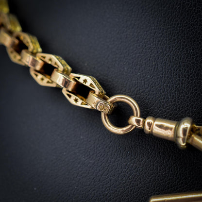 Antique Star Fancy Link 9ct Gold Albert Watch Chain with Dog Clip and T-Bar | 14" length