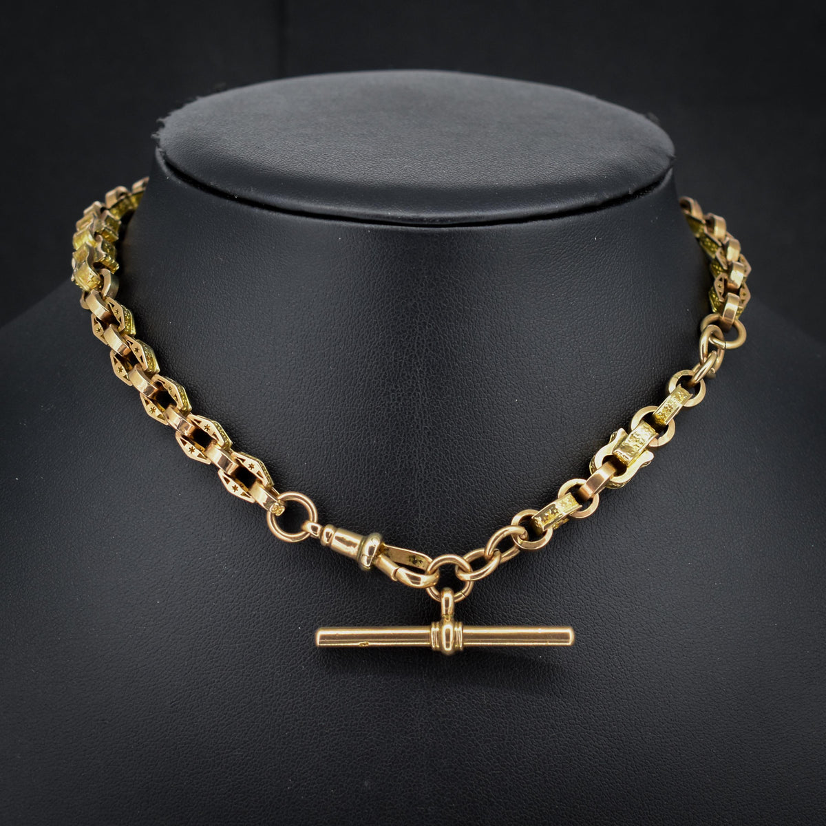 Antique Star Fancy Link 9ct Gold Albert Watch Chain with Dog Clip and T-Bar | 14" length