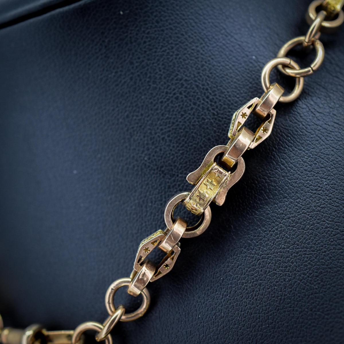 Antique Star Fancy Link 9ct Gold Albert Watch Chain with Dog Clip and T-Bar | 14" length