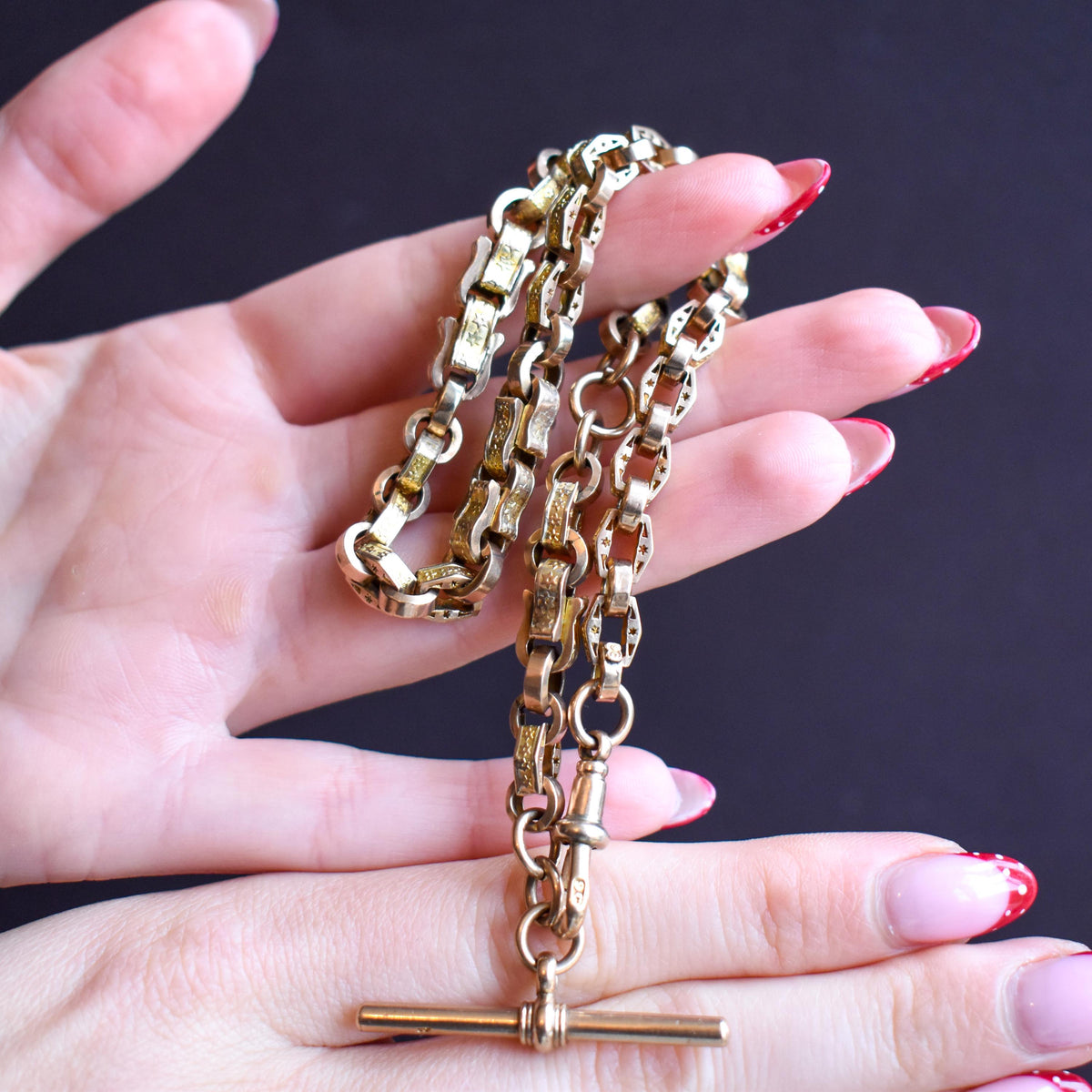 Antique Star Fancy Link 9ct Gold Albert Watch Chain with Dog Clip and T-Bar | 14" length