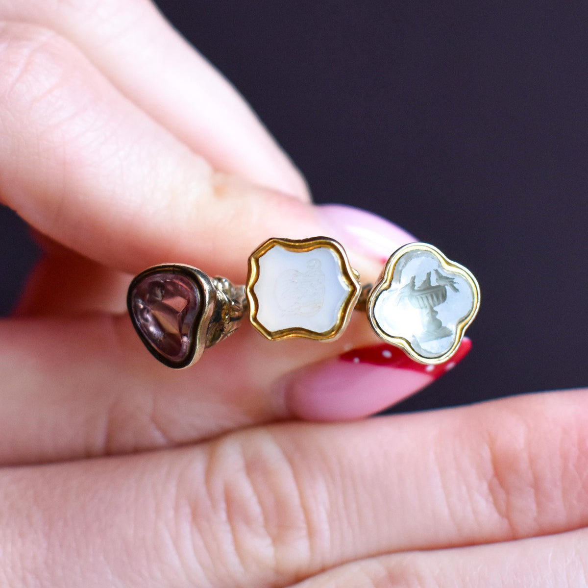 Antique Gold Trio of Intaglio Fobs Charm on Split Ring