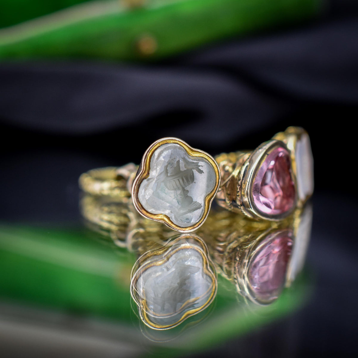 Antique Gold Trio of Intaglio Fobs Charm on Split Ring