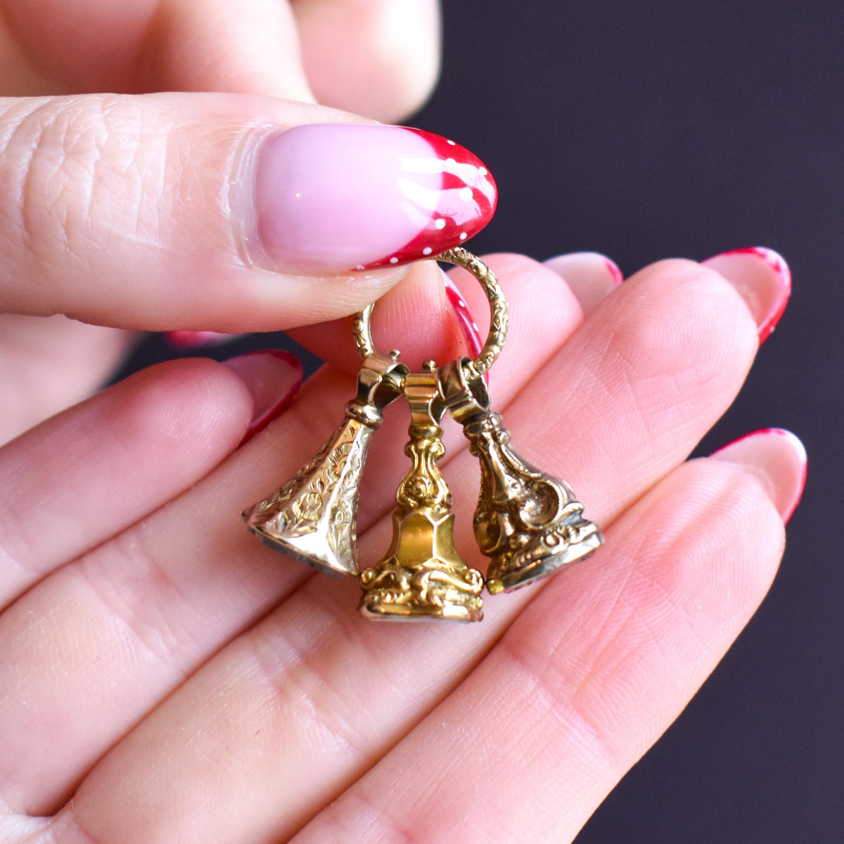 Antique Gold Trio of Intaglio Fobs Charm on Split Ring