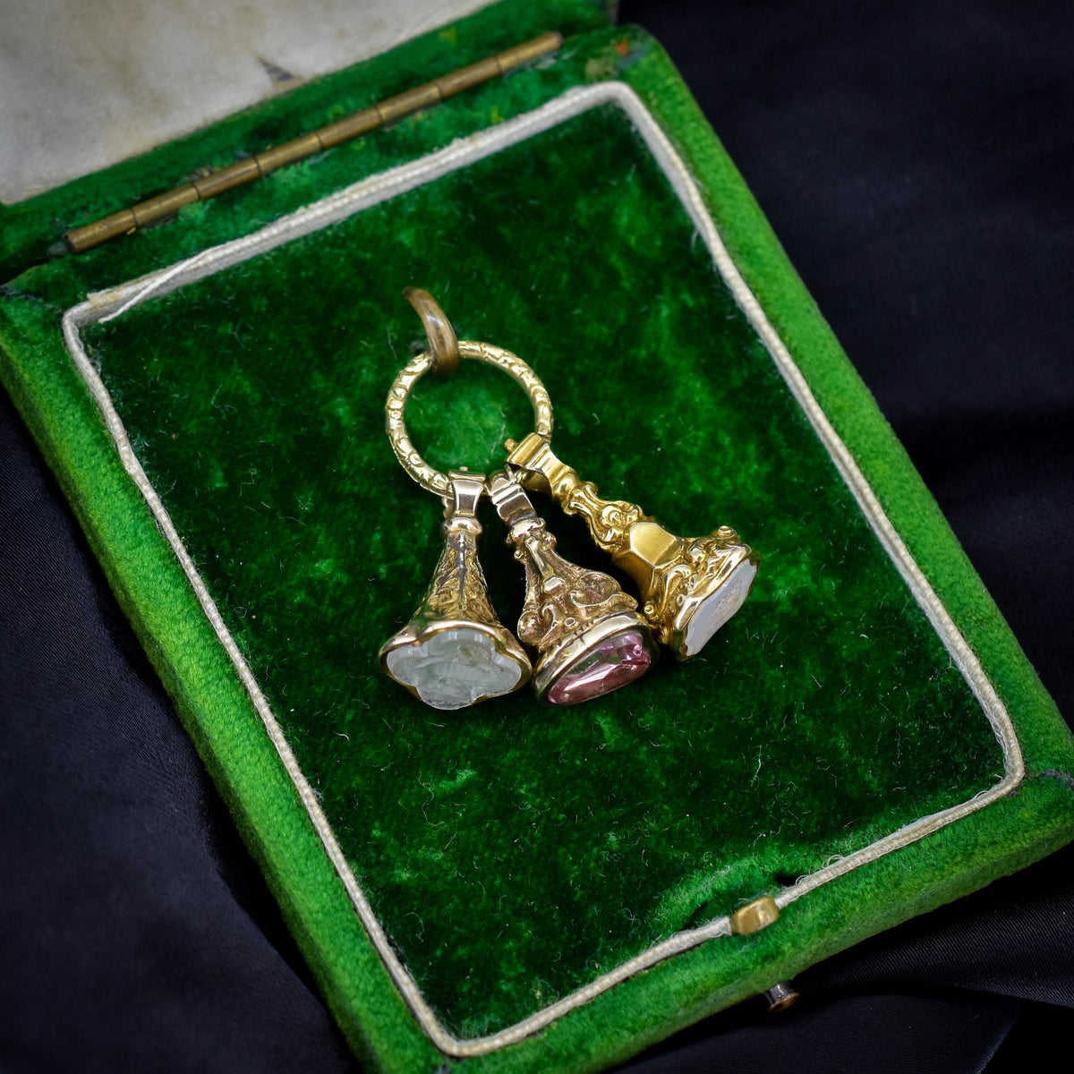 Antique Gold Trio of Intaglio Fobs Charm on Split Ring