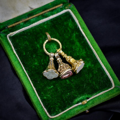 Antique Gold Trio of Intaglio Fobs Charm on Split Ring