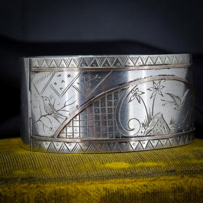 Antique Victorian Silver and Gold 'Day and Night' Bird Cuff Bangle Bracelet