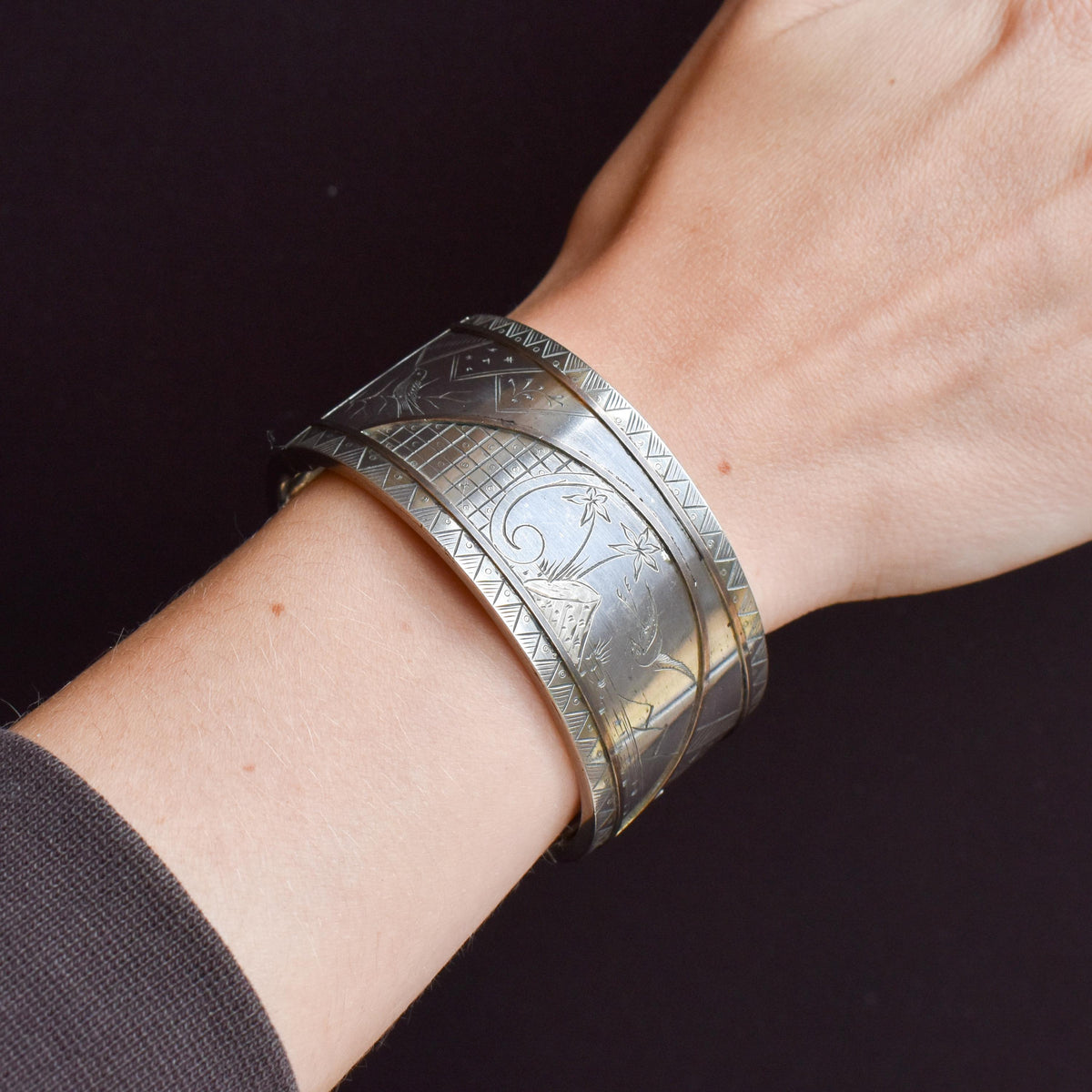 Antique Victorian Silver and Gold 'Day and Night' Bird Cuff Bangle Bracelet