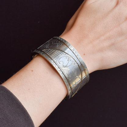 Antique Victorian Silver and Gold 'Day and Night' Bird Cuff Bangle Bracelet