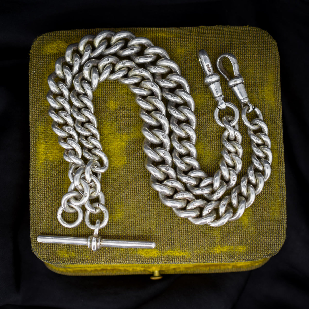 Antique 86g Sterling Silver Chunky Curb Link Albert Watch Chain Necklace – 15.5"