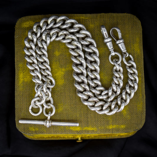Antique 86g Sterling Silver Chunky Curb Link Albert Watch Chain Necklace – 15.5"