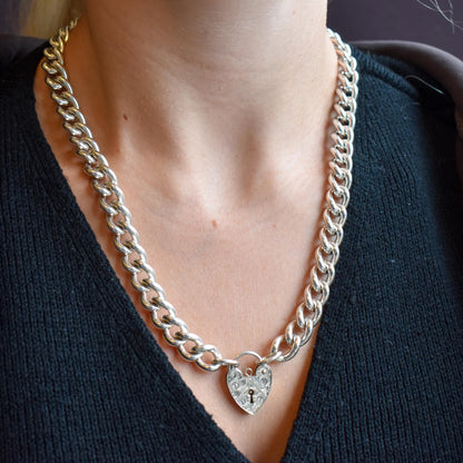 Vintage Heavy 138g Chunky Heart Padlock Sterling Silver Curb Necklace 19.5"