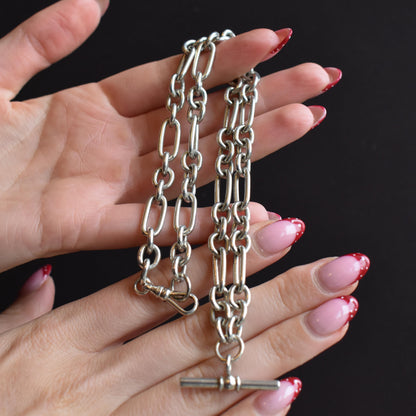 Vintage Sterling Silver Trombone Chain Necklace with a Dog Clip and T-bar | 18.5"