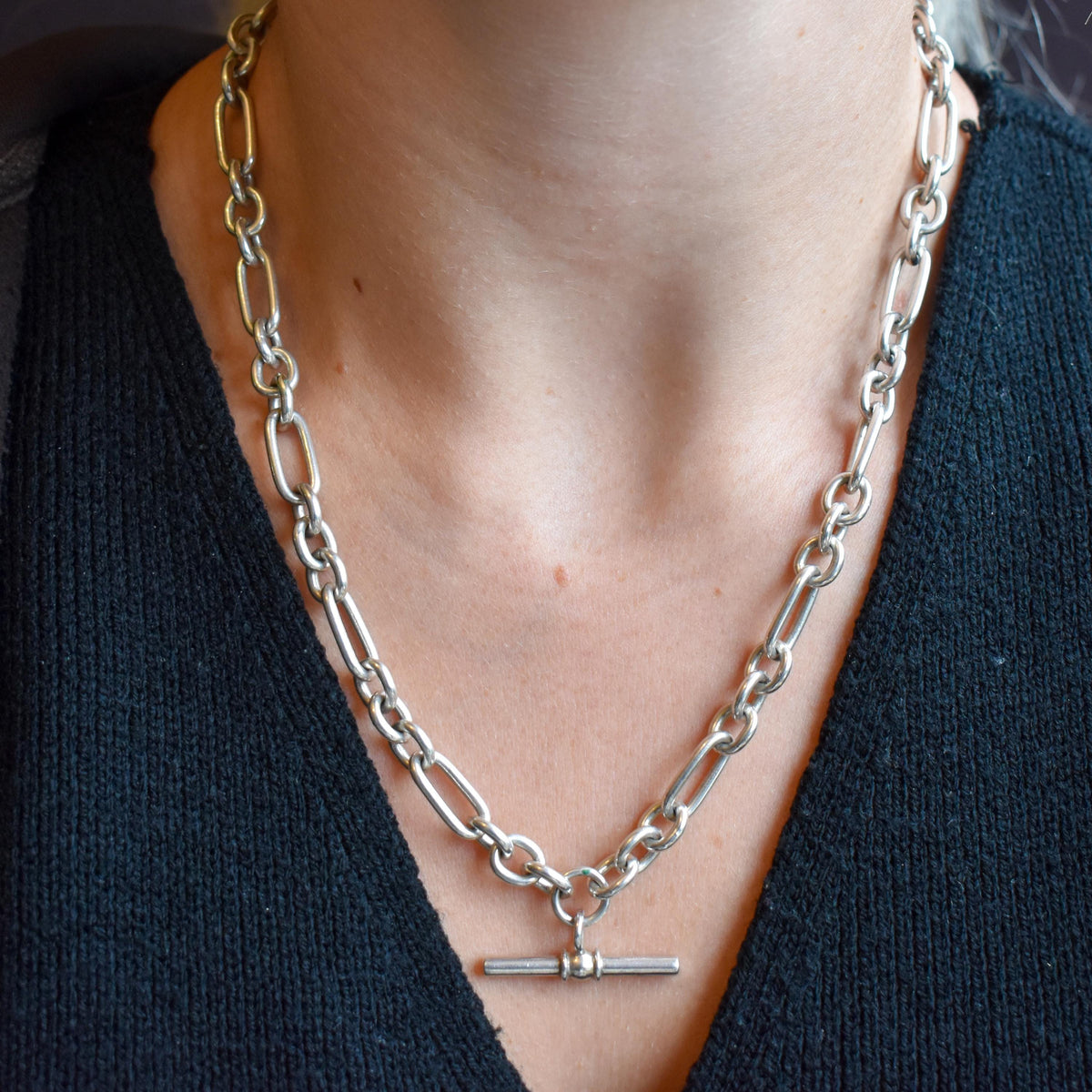 Vintage Sterling Silver Trombone Chain Necklace with a Dog Clip and T-bar | 18.5"