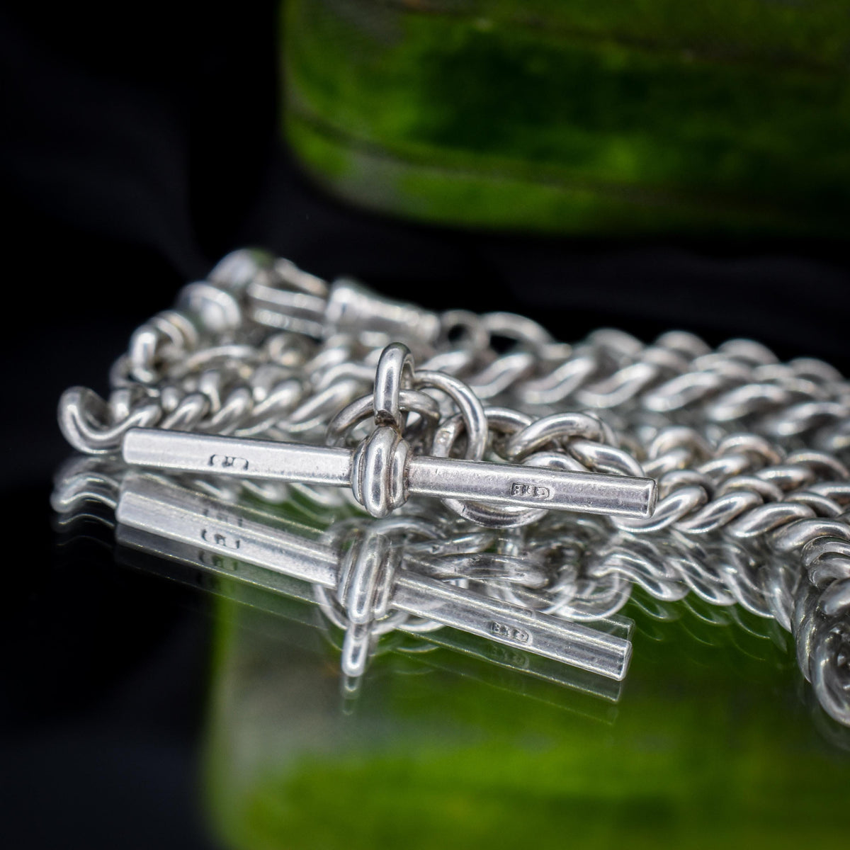 Antique 16.5" Sterling Silver Curb Link Albert Chain Necklace with Double Dog Clips