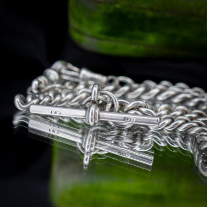 Antique 16.5" Sterling Silver Curb Link Albert Chain Necklace with Double Dog Clips