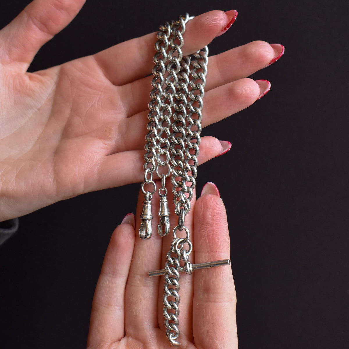 Antique 16.5" Sterling Silver Curb Link Albert Chain Necklace with Double Dog Clips