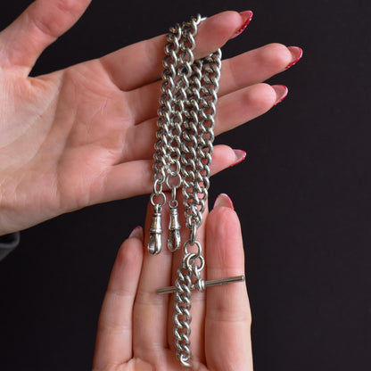 Antique 16.5" Sterling Silver Curb Link Albert Chain Necklace with Double Dog Clips