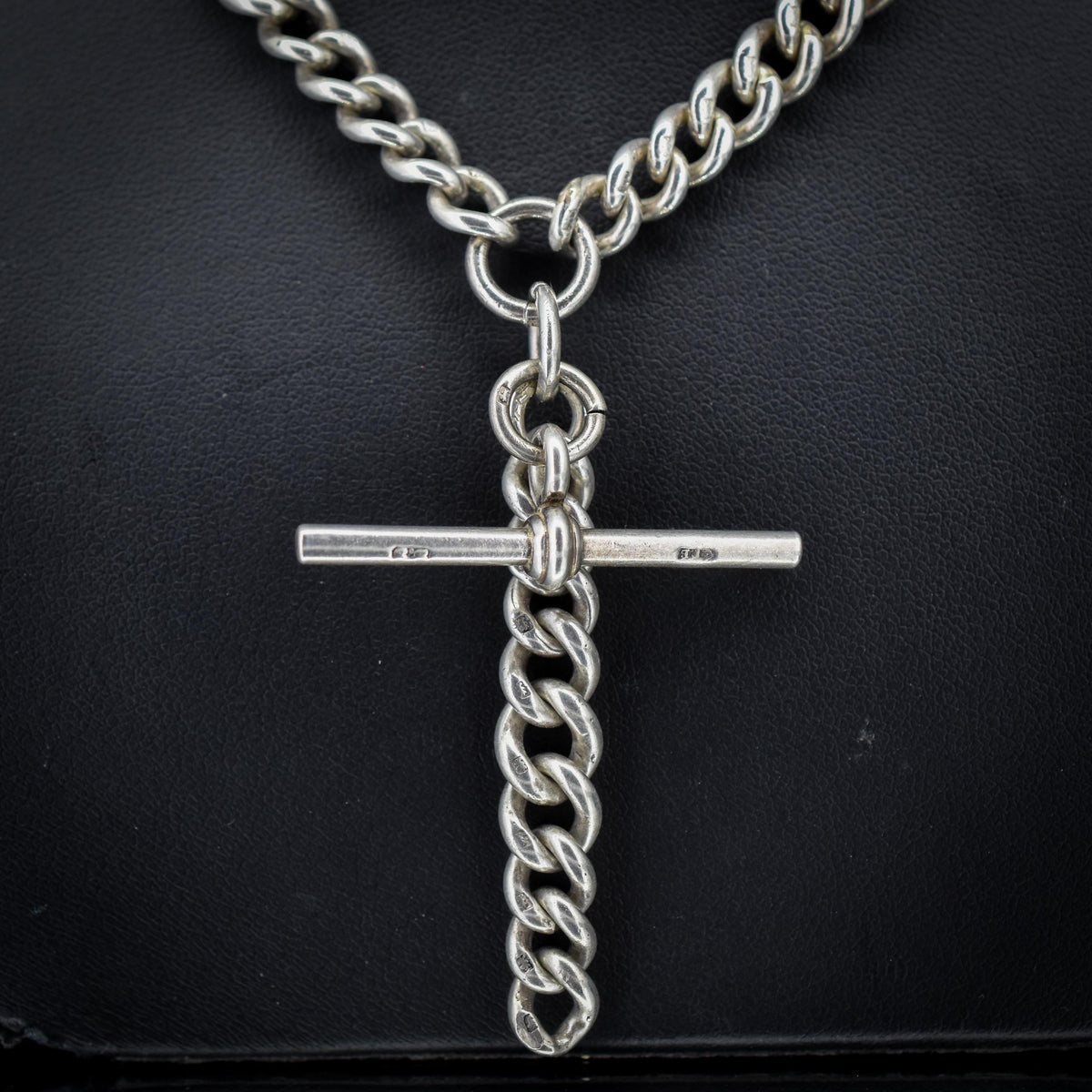 Antique 16.5" Sterling Silver Curb Link Albert Chain Necklace with Double Dog Clips