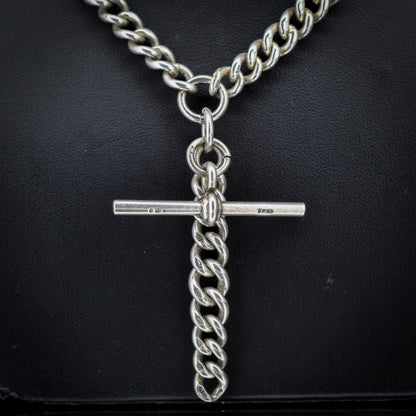 Antique 16.5" Sterling Silver Curb Link Albert Chain Necklace with Double Dog Clips