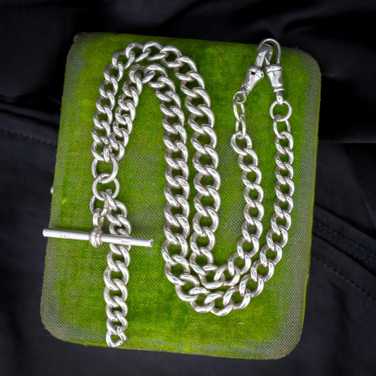 Antique 16.5" Sterling Silver Curb Link Albert Chain Necklace with Double Dog Clips