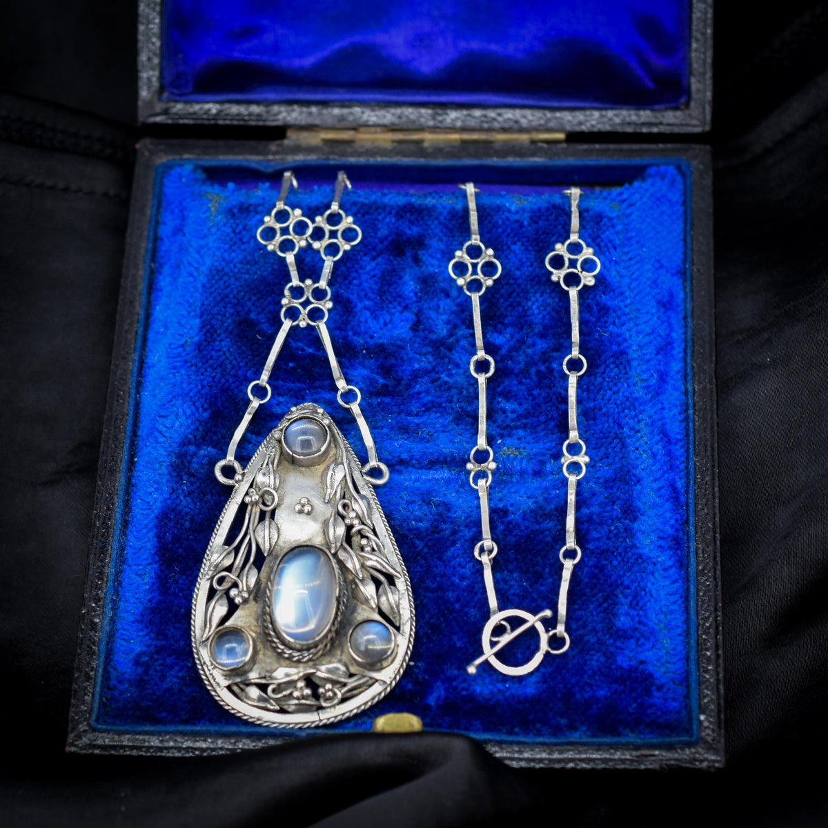 Antique Arts and Crafts Moonstone Sterling Silver Drop Pendant Necklace