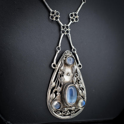 Antique Arts and Crafts Moonstone Sterling Silver Drop Pendant Necklace