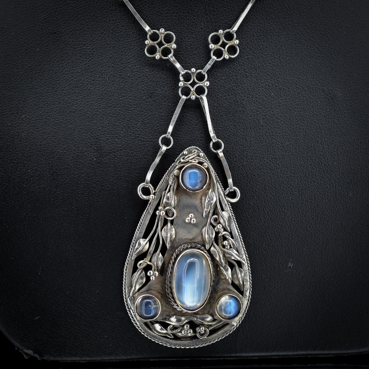 Antique Arts and Crafts Moonstone Sterling Silver Drop Pendant Necklace