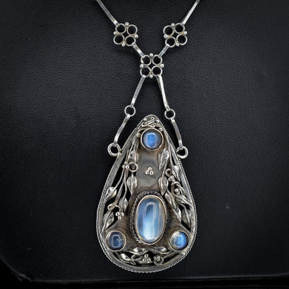 Antique Arts and Crafts Moonstone Sterling Silver Drop Pendant Necklace