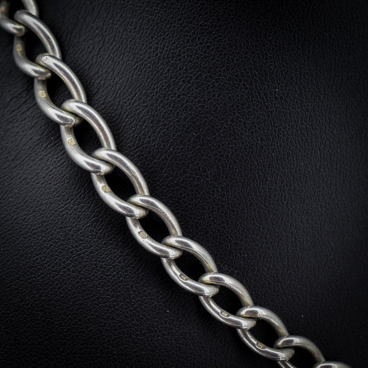 Antique Edwardian '1909' Sterling Silver Oval Link Albert Watch Chain Necklace with T-Bar and Dog Clips | 15.25"