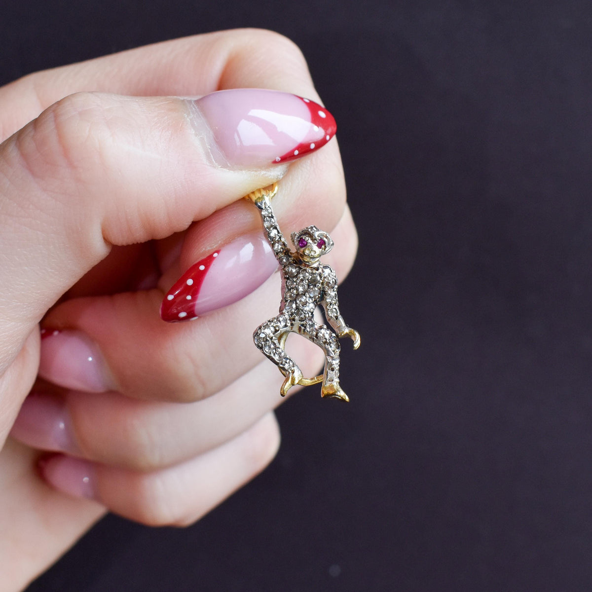Rose Cut Diamond Monkey Charm Pendant Ruby Eyes | 0.80ct Diamond