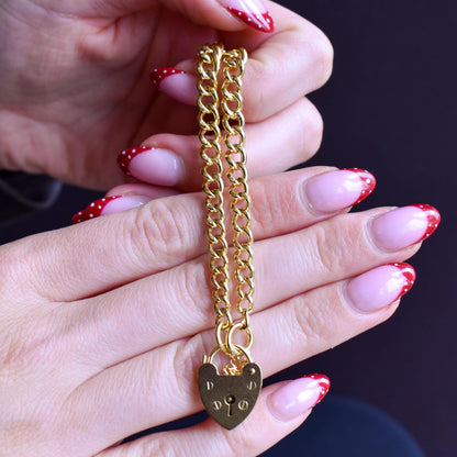 Antique Graduated Curb Gold on Silver Bracelet with Heart Padlock | 7"