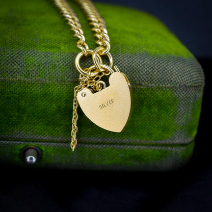 Antique Graduated Curb Gold on Silver Bracelet with Heart Padlock | 7"