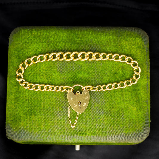 Antique Graduated Curb Gold on Silver Bracelet with Heart Padlock | 7"