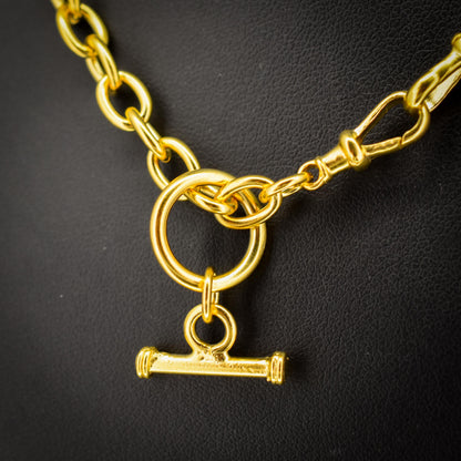 Vintage 18ct Gold on Silver Cable Link Watch Chain Necklace with T-Bar and Dog Clips – 16.75"