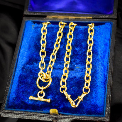 Vintage 18ct Gold on Silver Cable Link Watch Chain Necklace with T-Bar and Dog Clips – 16.75"