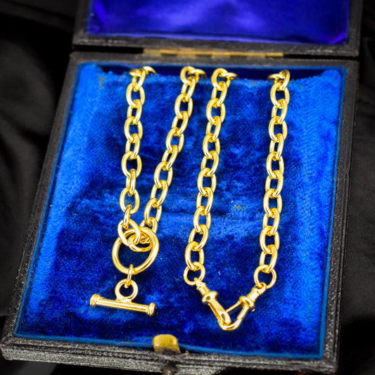 Vintage 18ct Gold on Silver Cable Link Watch Chain Necklace with T-Bar and Dog Clips – 16.75"