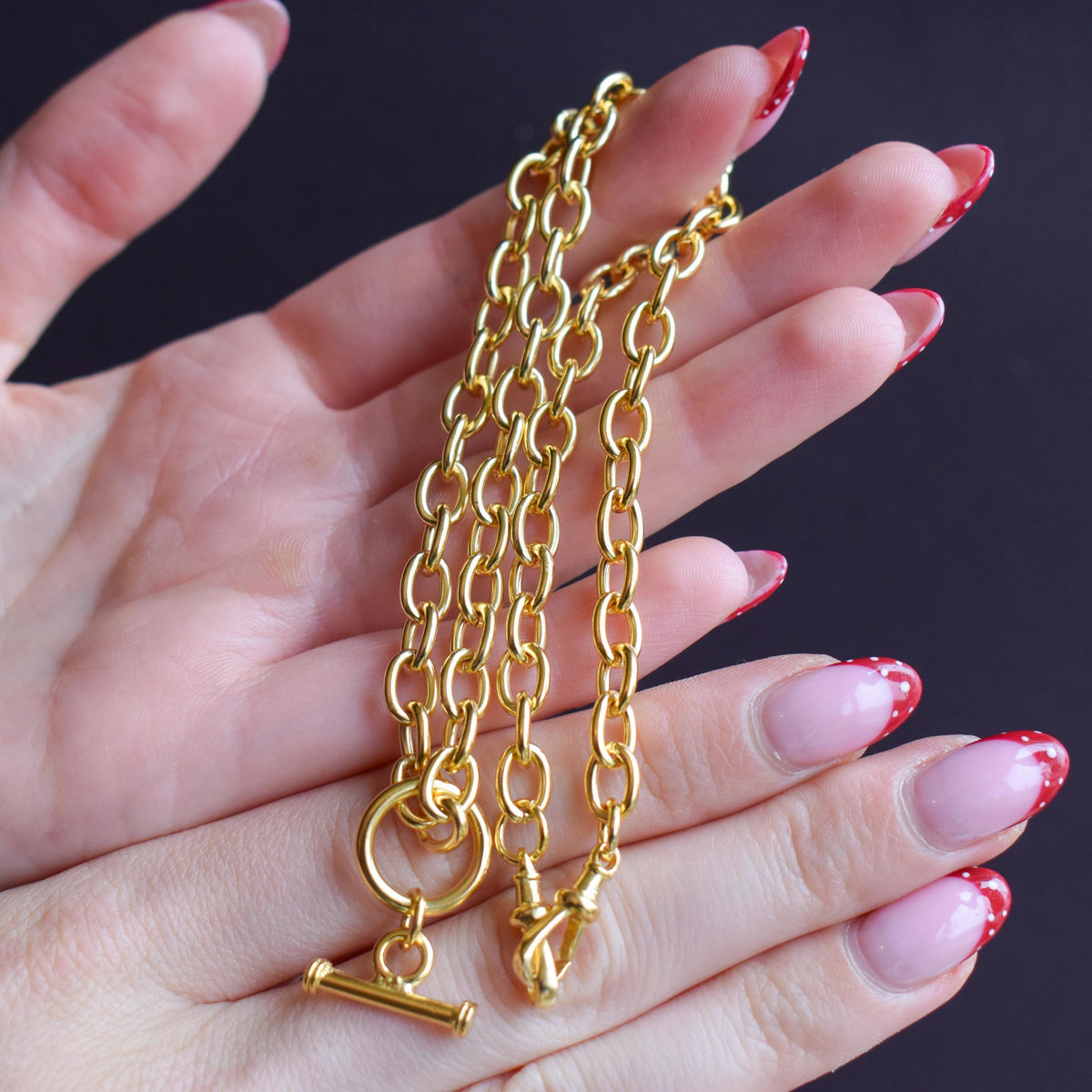 Vintage 18ct Gold on Silver Cable Link Watch Chain Necklace with T-Bar and Dog Clips – 16.75"