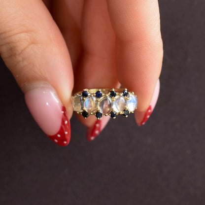Vintage Moonstone Sapphire Five Stone 9ct Yellow Gold Ring Band | Dated 1993