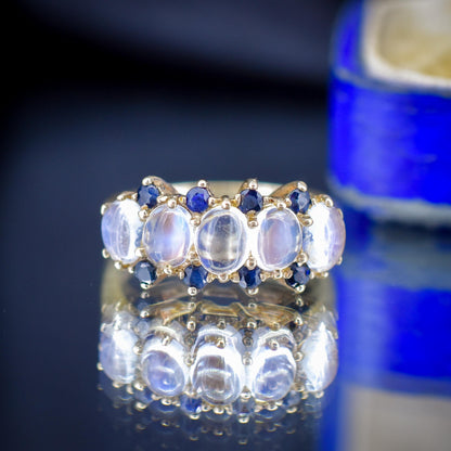 Vintage Moonstone Sapphire Five Stone 9ct Yellow Gold Ring Band | Dated 1993