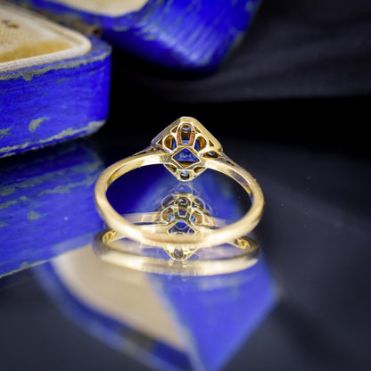 Art Deco Blue Sapphire and Diamond Cluster 18ct Yellow Gold Ring