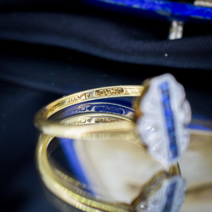 Art Deco Blue Sapphire and Diamond Navette Cluster 18ct Gold Ring