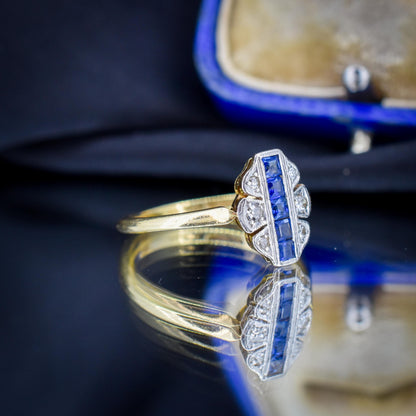 Art Deco Blue Sapphire and Diamond Navette Cluster 18ct Gold Ring