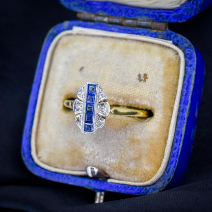 Art Deco Blue Sapphire and Diamond Navette Cluster 18ct Gold Ring