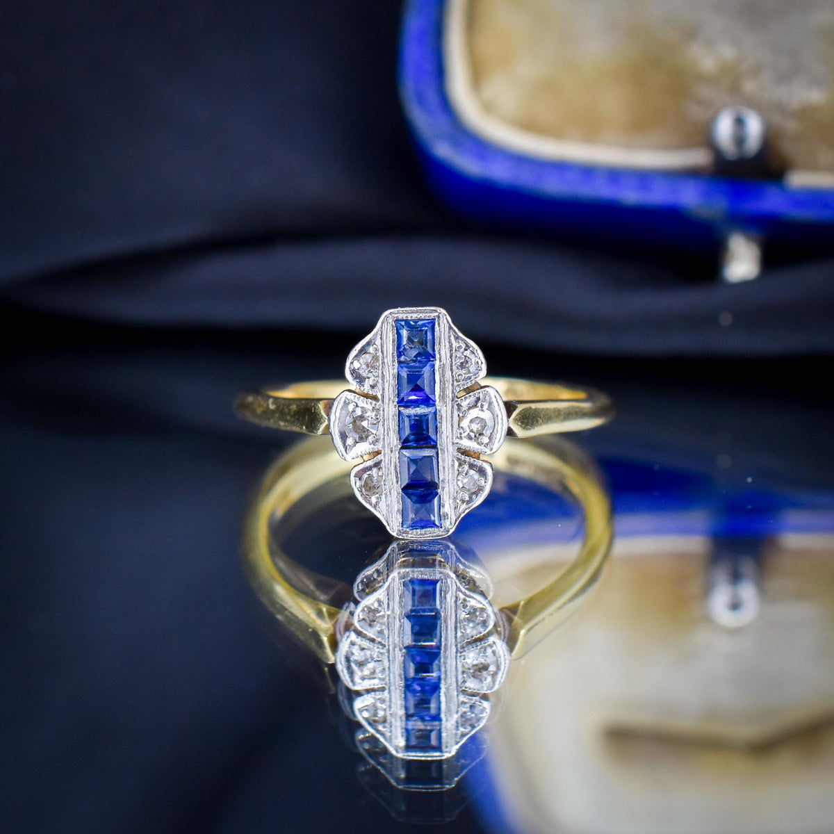 Art Deco Blue Sapphire and Diamond Navette Cluster 18ct Gold Ring