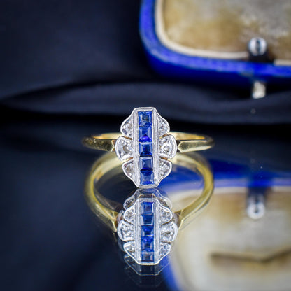 Art Deco Blue Sapphire and Diamond Navette Cluster 18ct Gold Ring