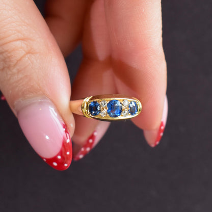 Antique Blue Sapphire and Diamond 18ct Yellow Gold Boat Ring | Birmingham 1912