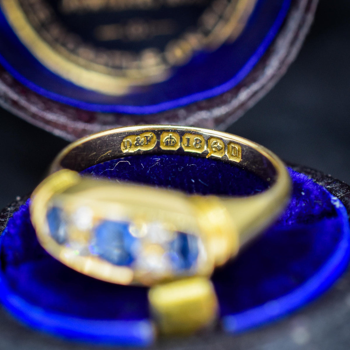 Antique Blue Sapphire and Diamond 18ct Yellow Gold Boat Ring | Birmingham 1912